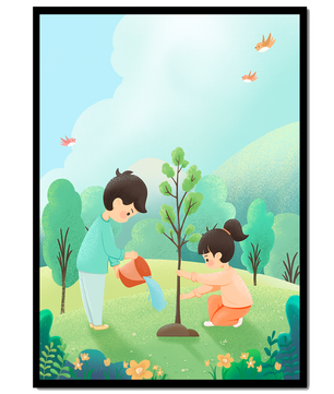 Kinder pflegen einen jungen Baum in einer üppig grünen Landschaft