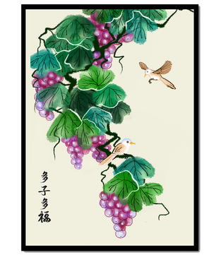 Watercolor grapevine and birds illustration with traditional art style