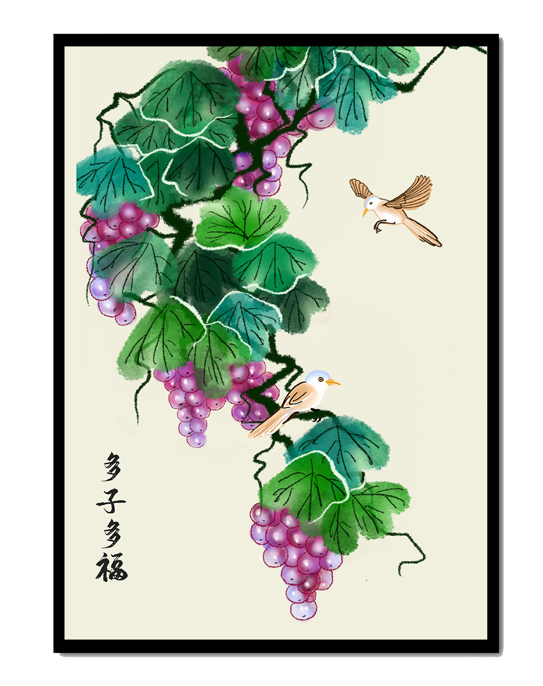 Watercolor grapevine and birds illustration with traditional art style