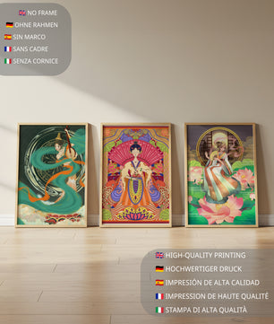 Conjunto de Tres Obras de Arte Oriental en Bloques de Madera