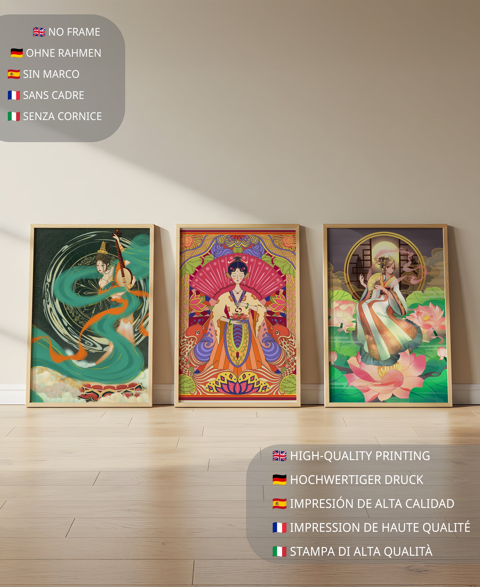 Conjunto de Tres Obras de Arte Oriental en Bloques de Madera