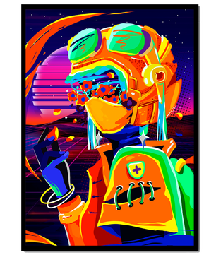Vibrant futuristic illustration with a colorful character in helmet and flowers