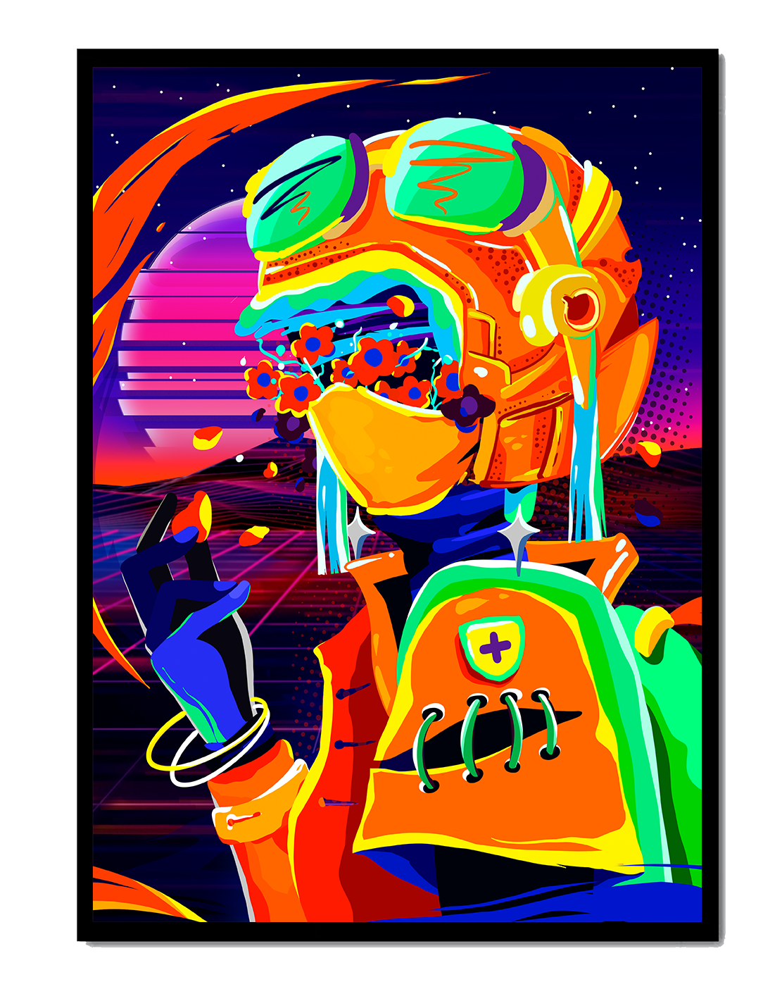 Vibrant futuristic illustration with a colorful character in helmet and flowers