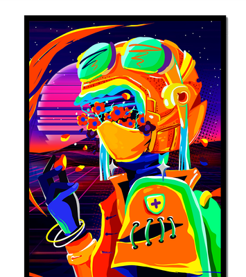 Vibrant futuristic illustration with a colorful character in helmet and flowers