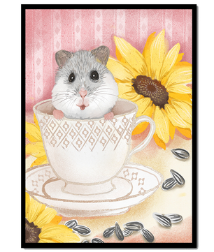 Hámster adorable en una taza de té con girasoles y semillas