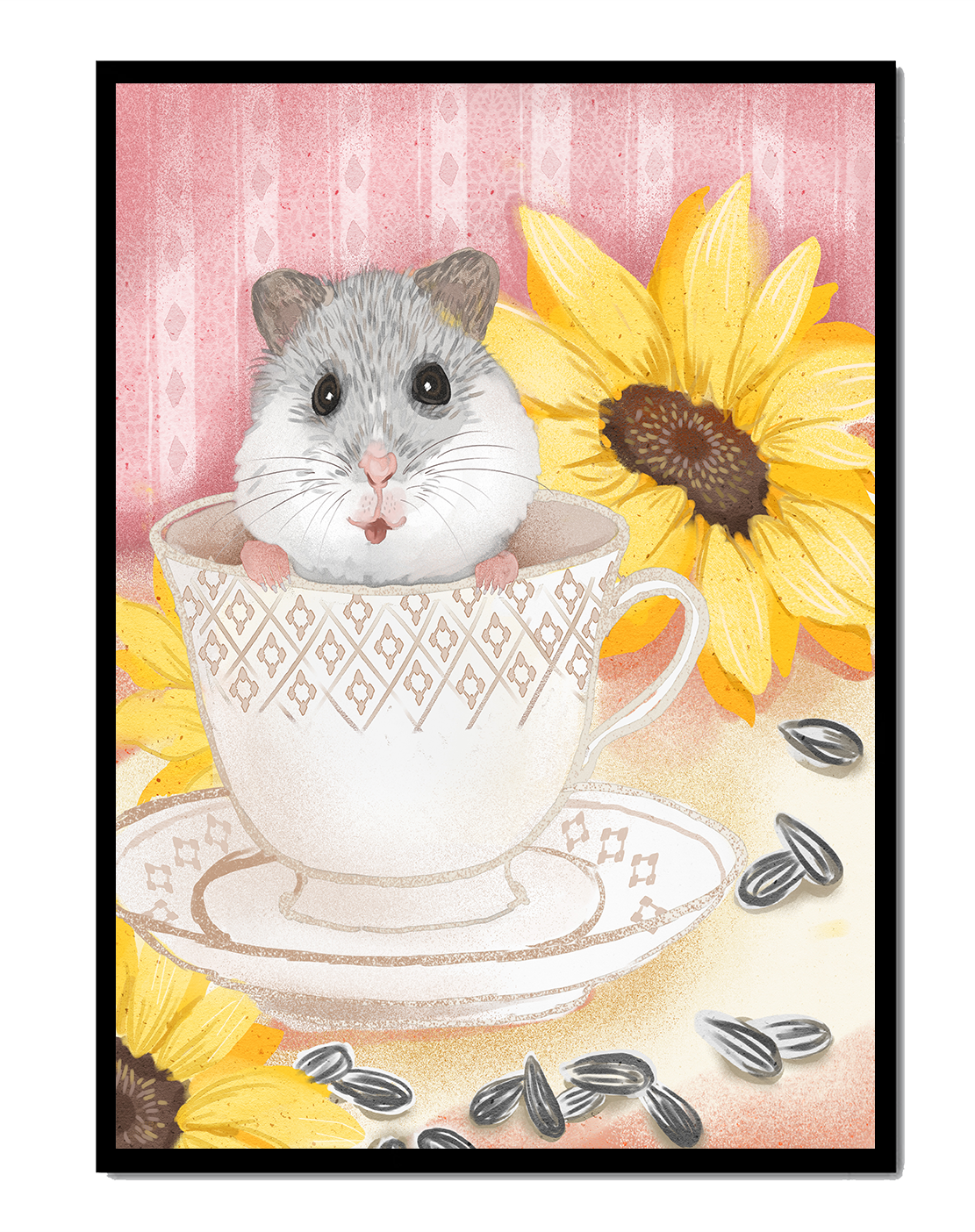 Adorable hamster in teacup with sunflowers and seeds
