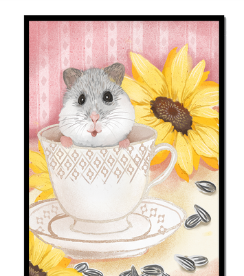 Adorable hamster in teacup with sunflowers and seeds
