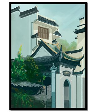 Traditional Asian architecture with lush greenery
