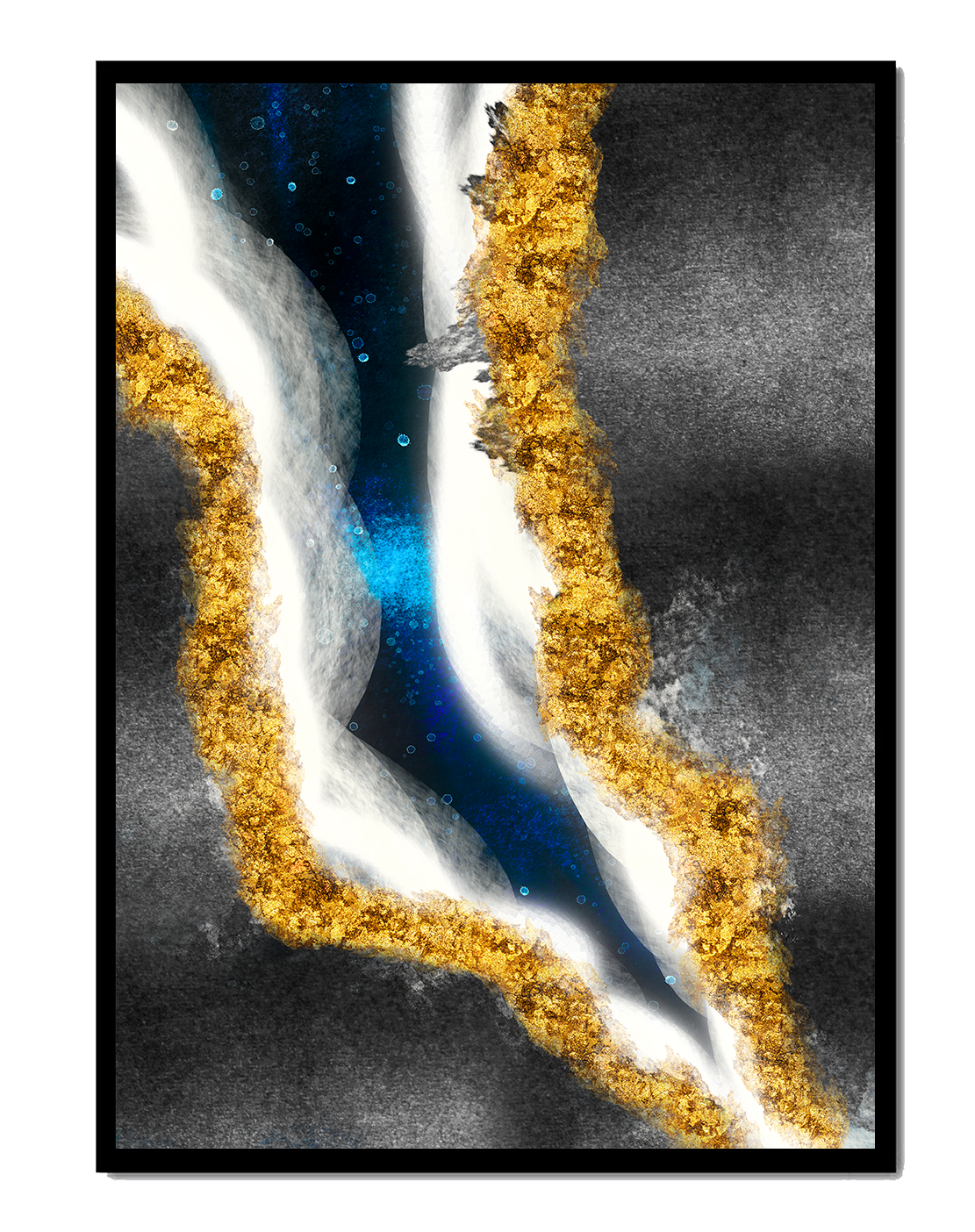 Abstract flowing design with gold, blue, and white textures