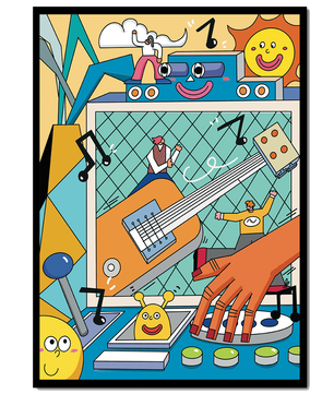 Colorful Cartoon Collage with Musical Elements and Smiling Faces