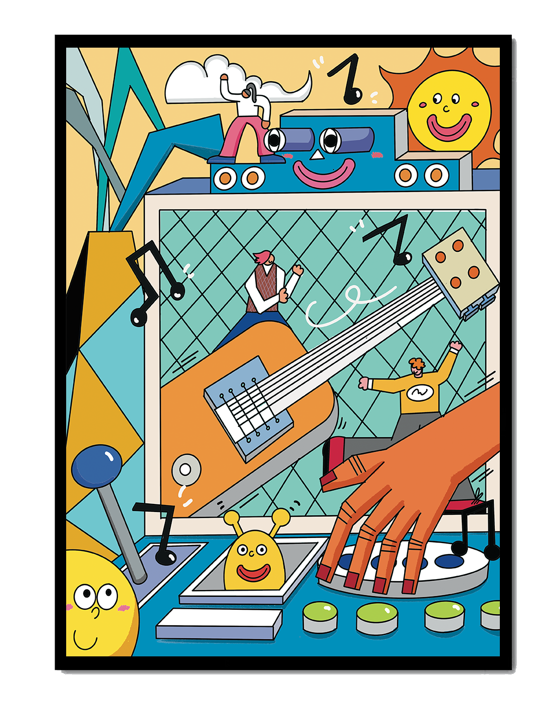 Colorful Cartoon Collage with Musical Elements and Smiling Faces
