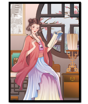 Illustrated scene of a woman in traditional attire reading by a window