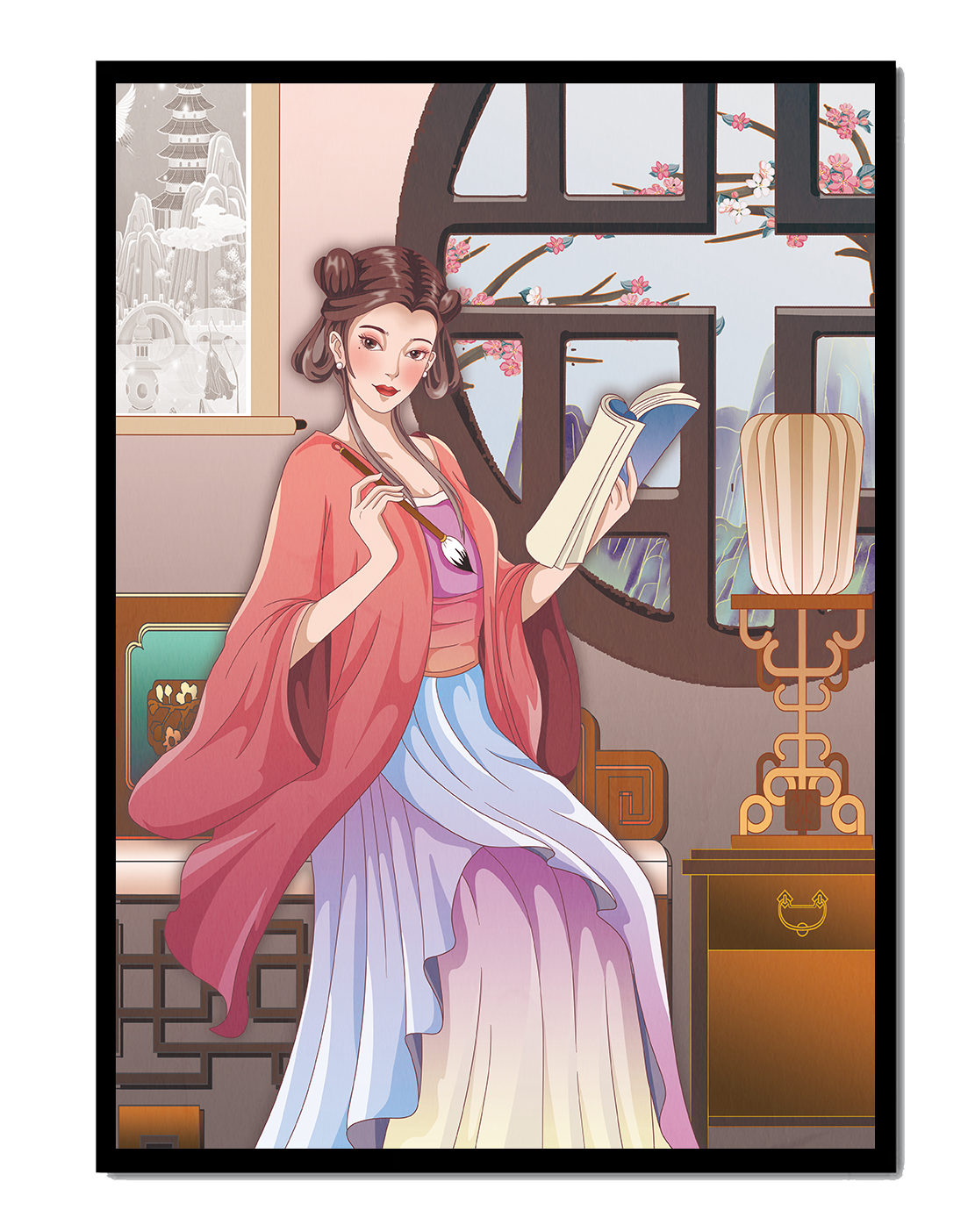 Illustrated scene of a woman in traditional attire reading by a window