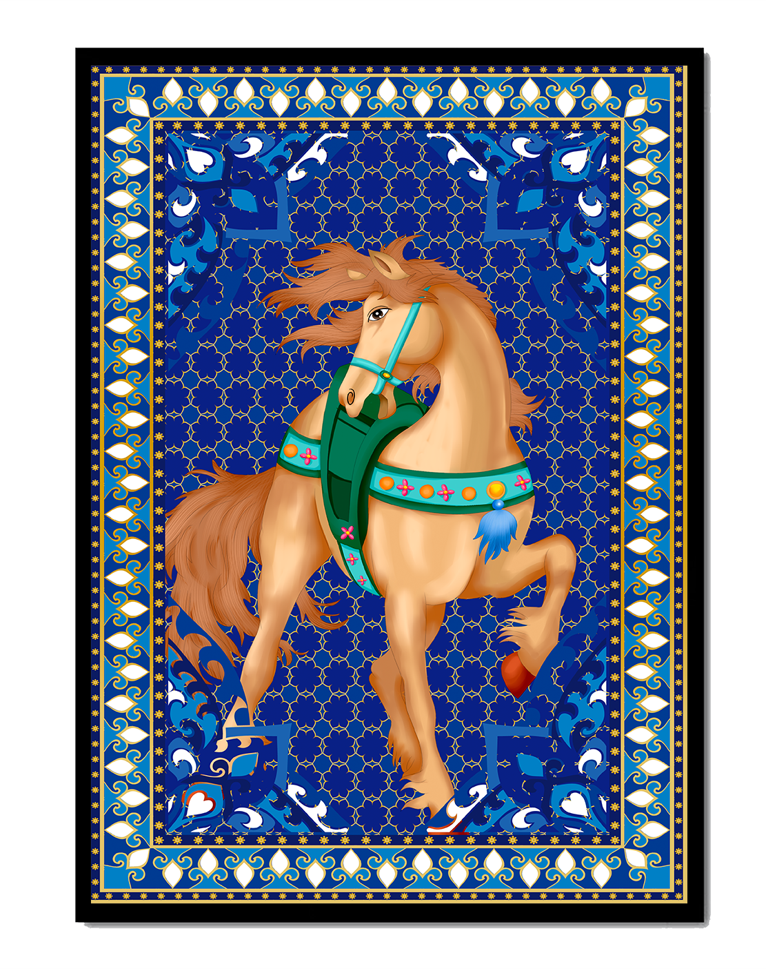 Intricate patterned horse art with a vibrant decorative border