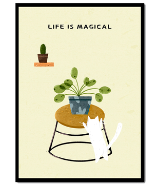 Ilustración encantadora de un gato con planta y mensaje inspirador