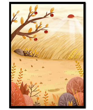 Autumn landscape illustration with apple tree and sunrise in a serene field