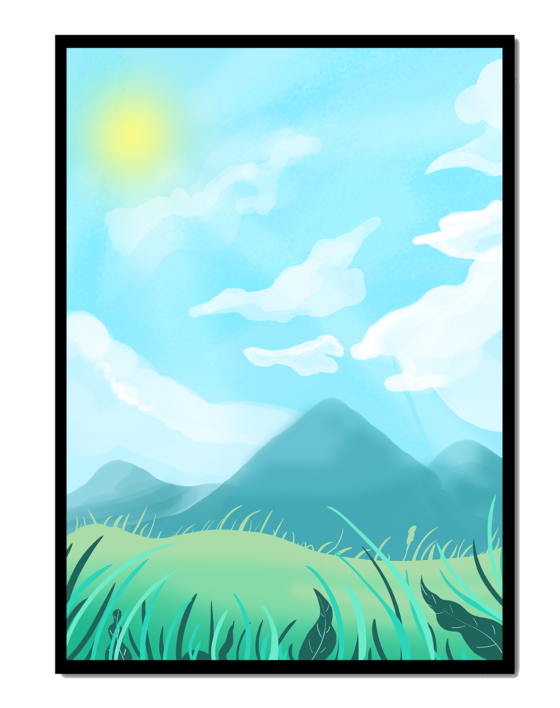 Sunny Day Overlooking a Mountain Landscape with Rolling Hills and Blue Sky