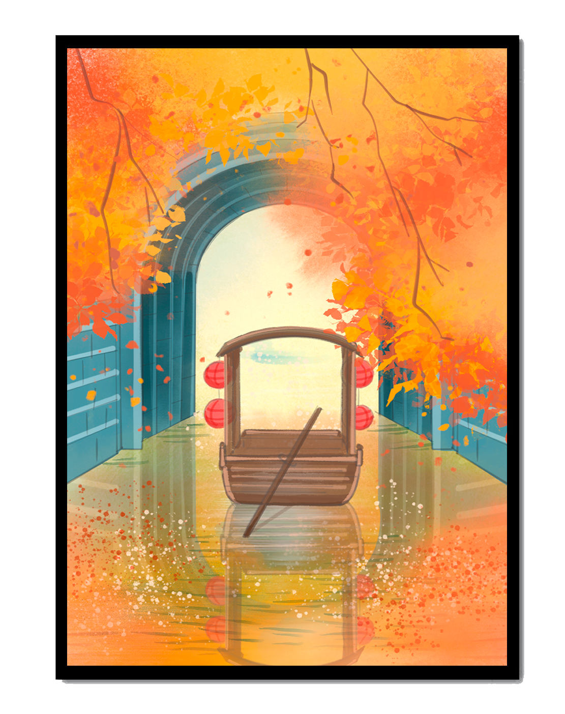 Serene autumn scene with archway and wooden boat