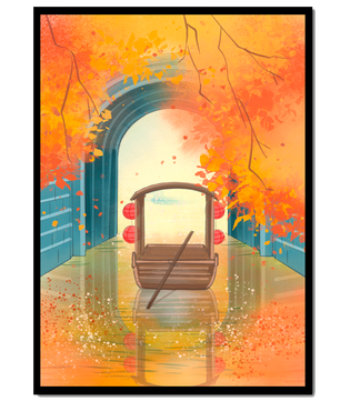 Serene autumn scene with archway and wooden boat