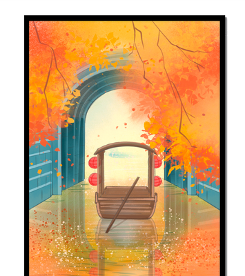 Serene autumn scene with archway and wooden boat