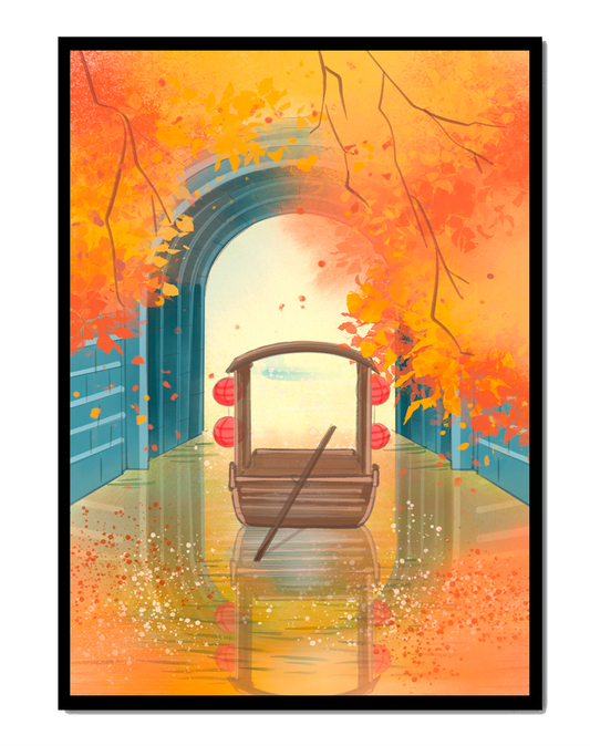 Serene autumn scene with archway and wooden boat