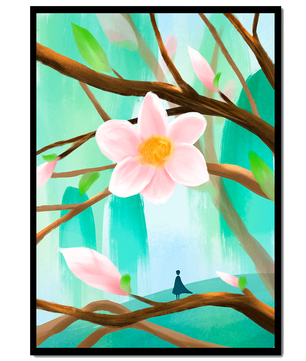 Obra floral serena con una gran flor rosa en las ramas de un árbol