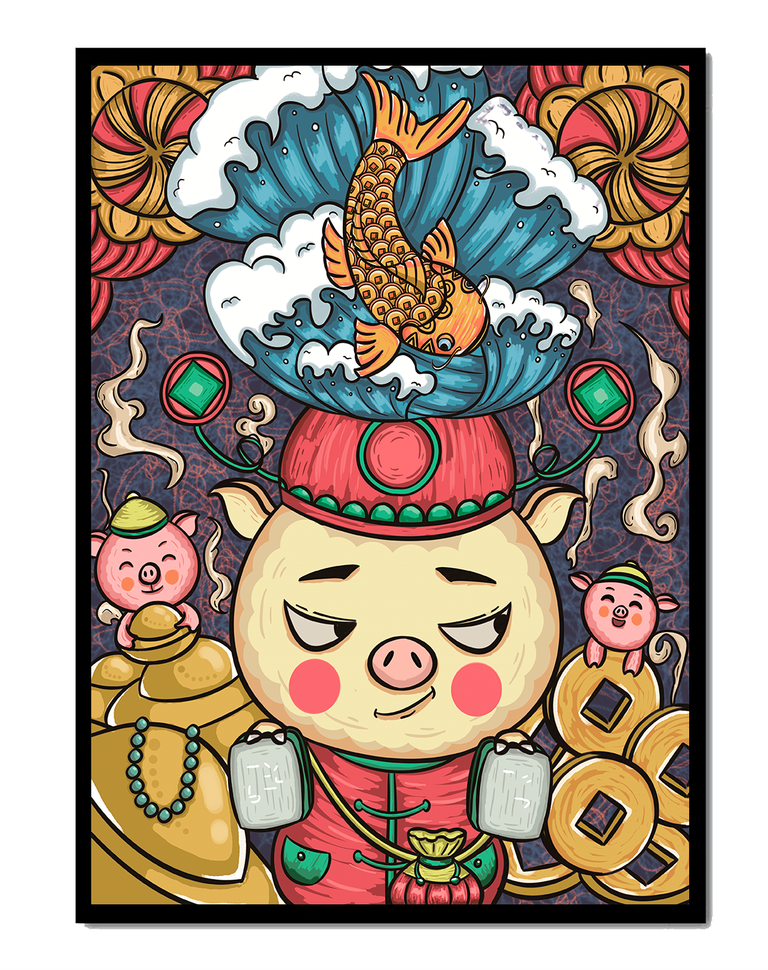 Colorful illustration featuring a whimsical pig and koi fish with decorative elements