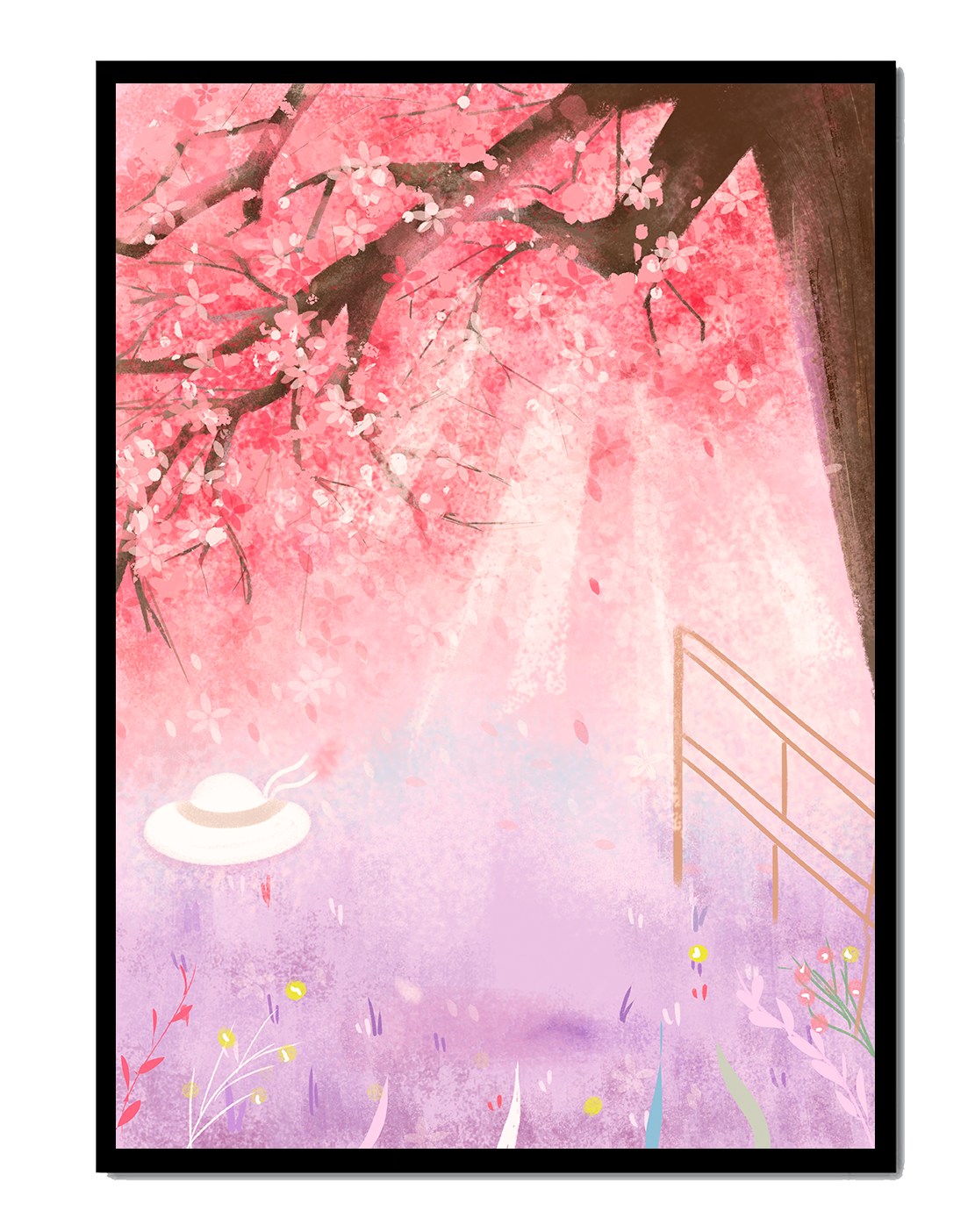 Cherry Blossom Garden with Spring Flowers and Sunlight