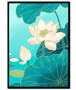 Lotus Flowers with Golden Accents on Aqua Background