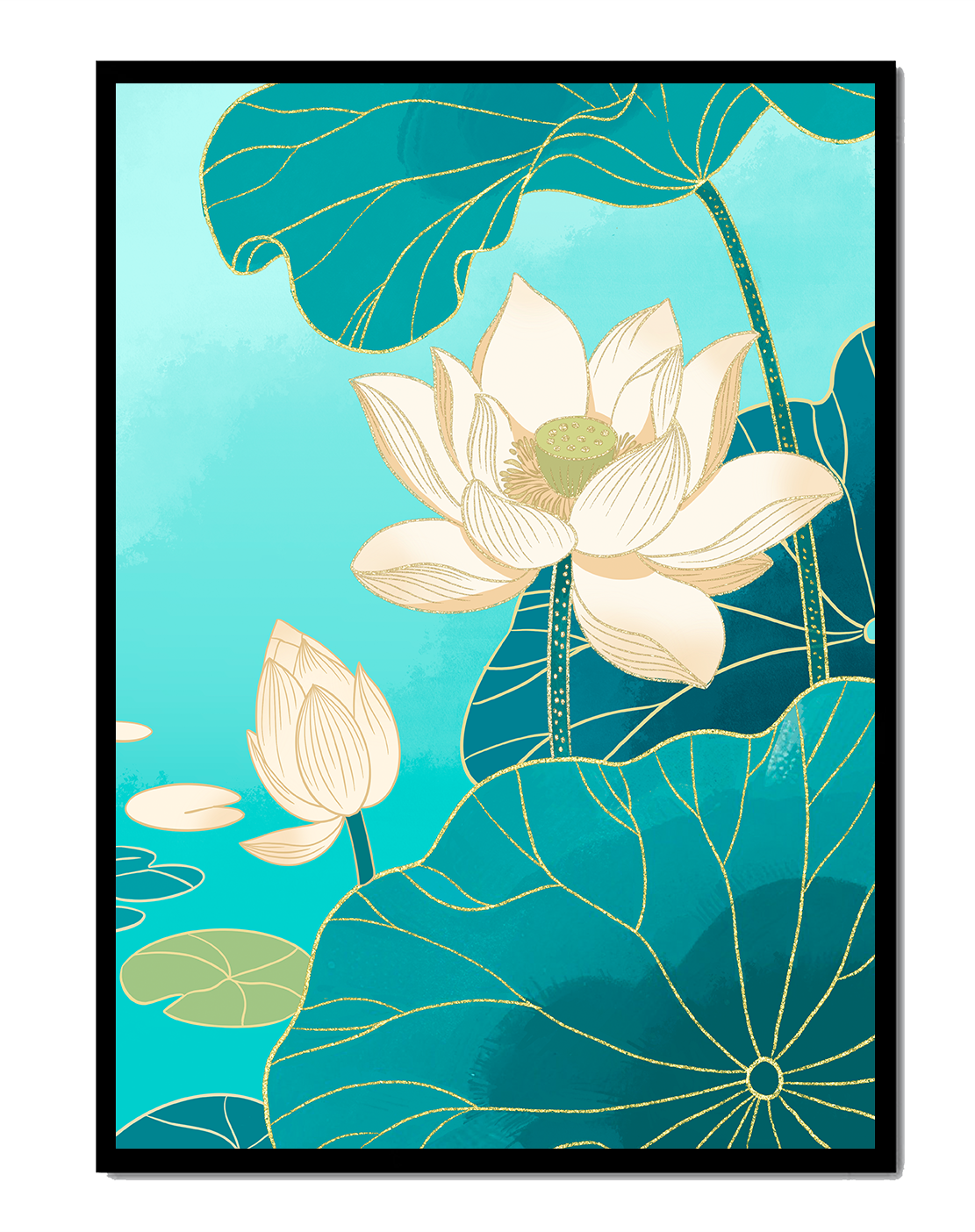 Flores de loto con detalles dorados sobre fondo aguamarina