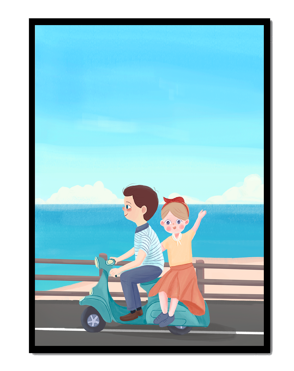 Young couple enjoying a scenic scooter ride by the seaside