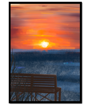 Vue sereine du coucher de soleil avec un banc vide sur des eaux calmes