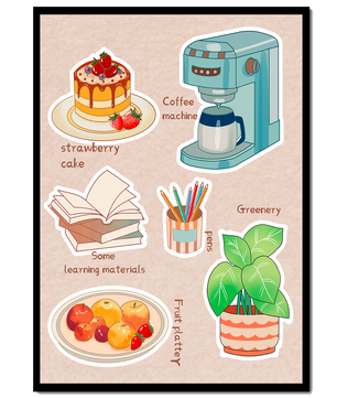 Elementos esenciales del hogar acogedor que incluyen pastel de fresa, cafetera y materiales de estudio