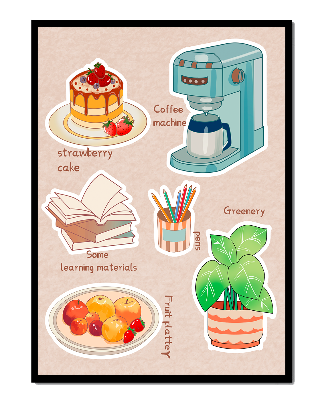 Elementos esenciales para un hogar acogedor, como tarta de fresa, cafetera y materiales de estudio.