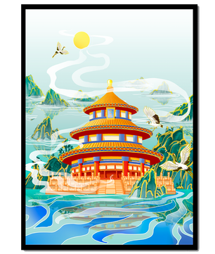 Alter chinesischer Pavillon am Wasser mit Kranichen und Bergen