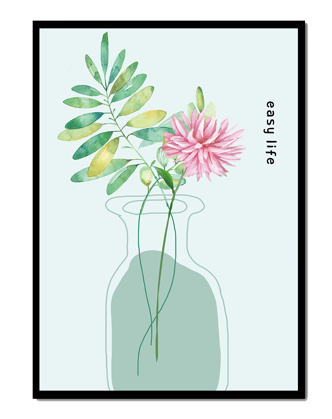 Arreglo floral en acuarela con vegetación en jarrón de vidrio