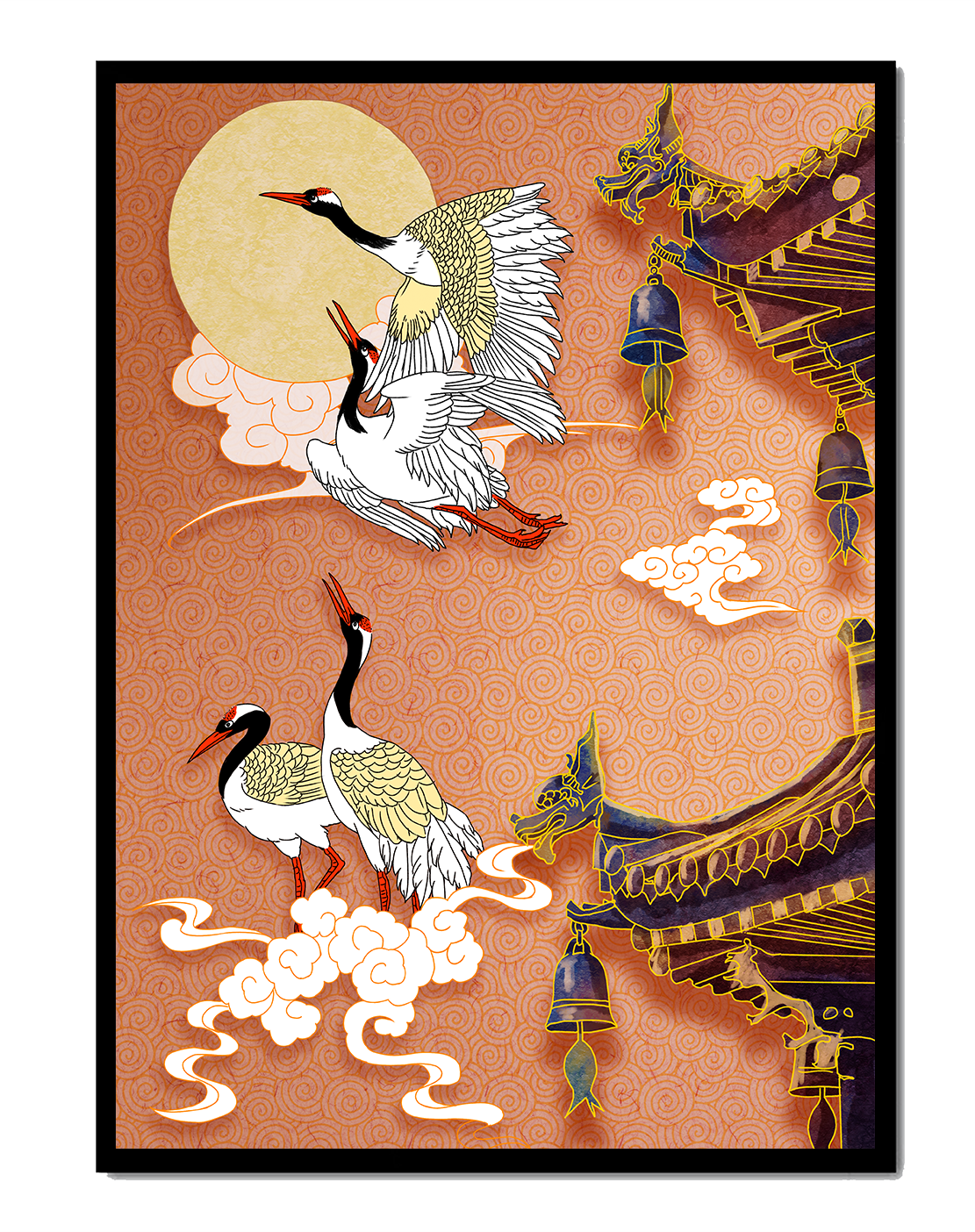 Oriental crane art with golden accents and architectural design