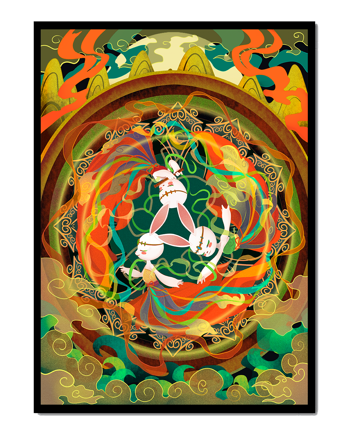 Whimsical fantasy illustration with mystical bunnies