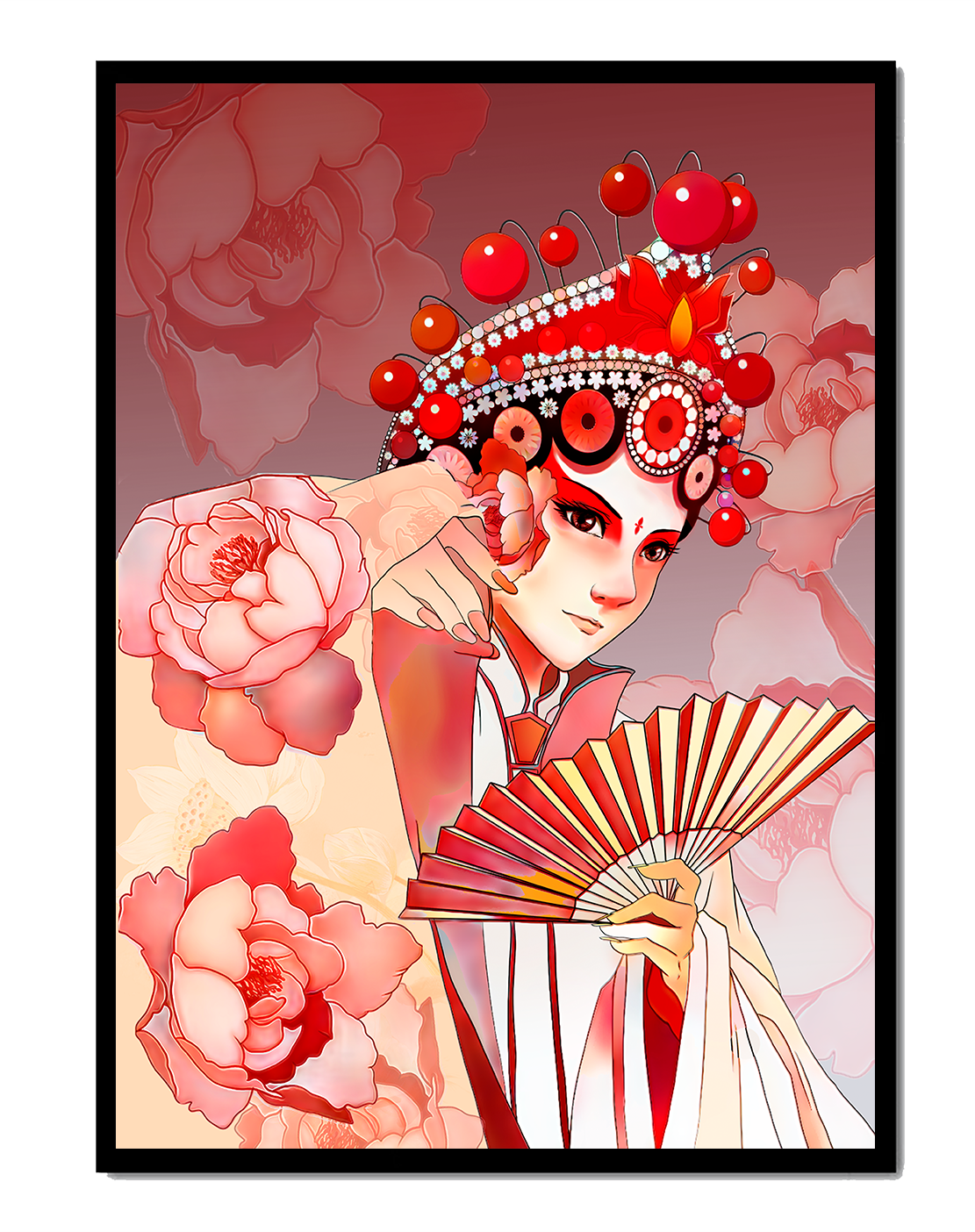 Traditional Asian artwork with floral motifs and ornate headpiece
