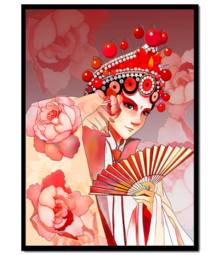 Traditional Asian artwork with floral motifs and ornate headpiece