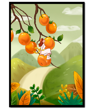 Femme assise sur un fruit orange dans un paysage surréaliste