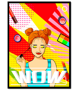 Ilustración de arte pop vibrante con una niña sonriente con maquillaje colorido y patrones audaces