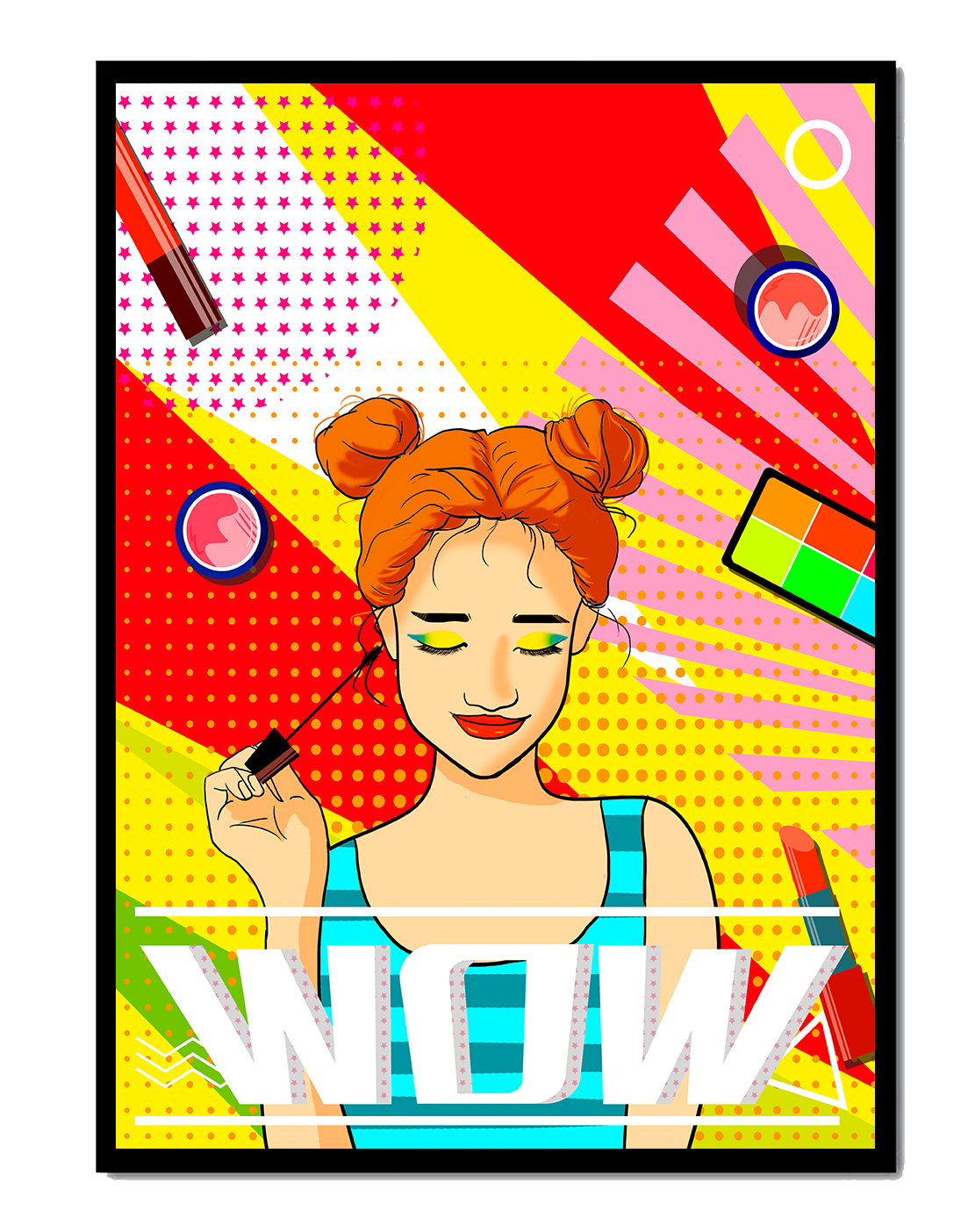 Ilustración de arte pop vibrante con una niña sonriente con maquillaje colorido y patrones audaces