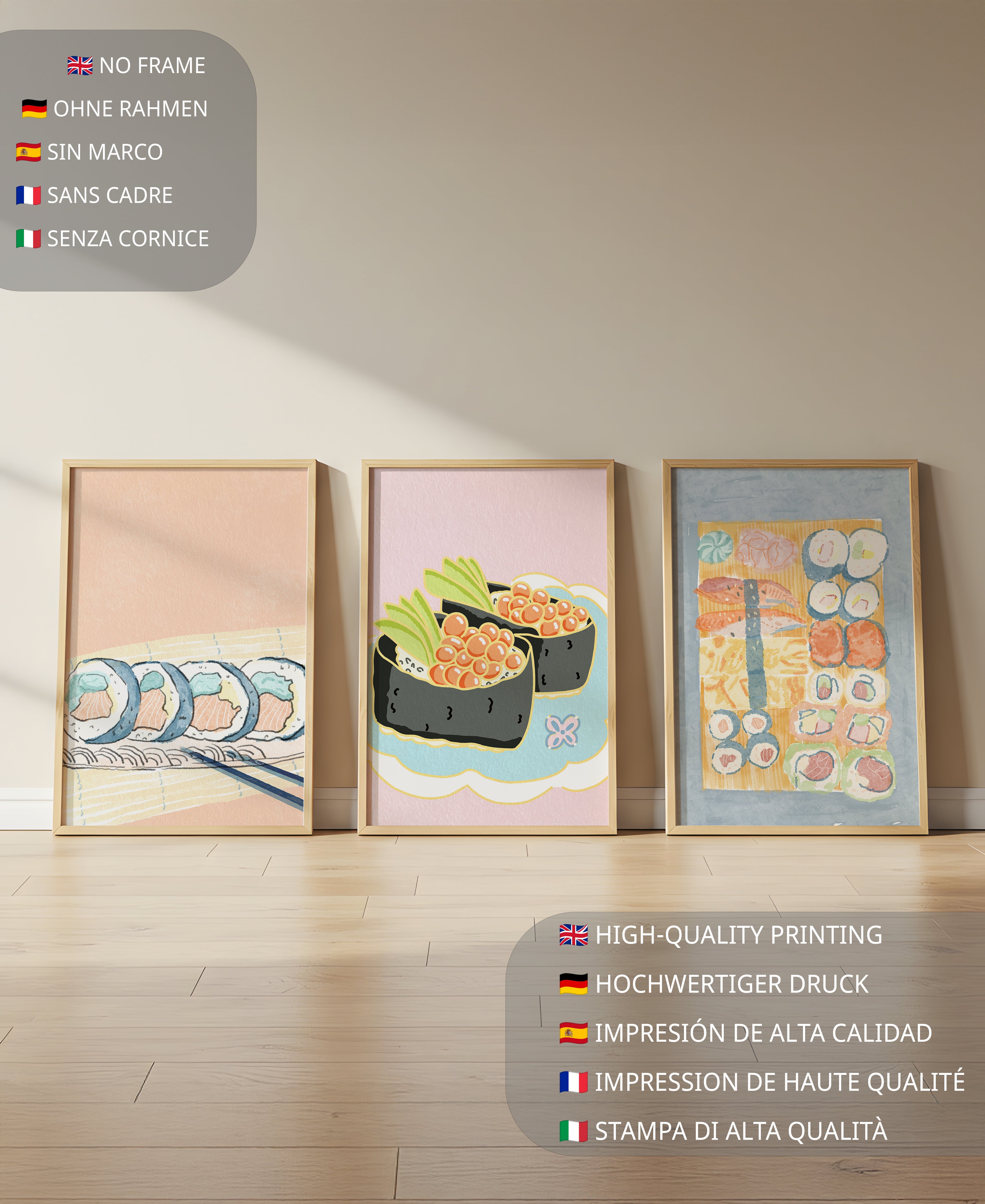 Conjunto de Lienzos con Ilustraciones de Sushi en Fondo Pastel