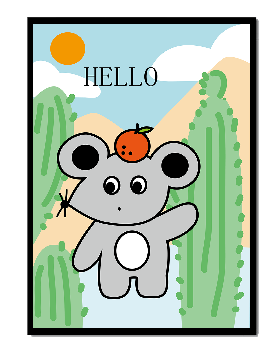 Cute illustration of a mouse with an orange on a sunny background
