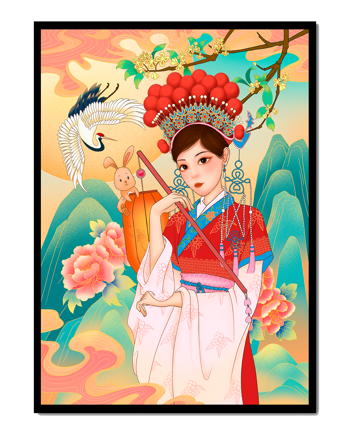 Elegant traditional Chinese illustration featuring a woman in vibrant attire with floral and animal motifs