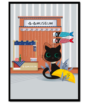 Black cat with Japanese storefront and koi fish flags – cozy and charming wall art - Mi tienda