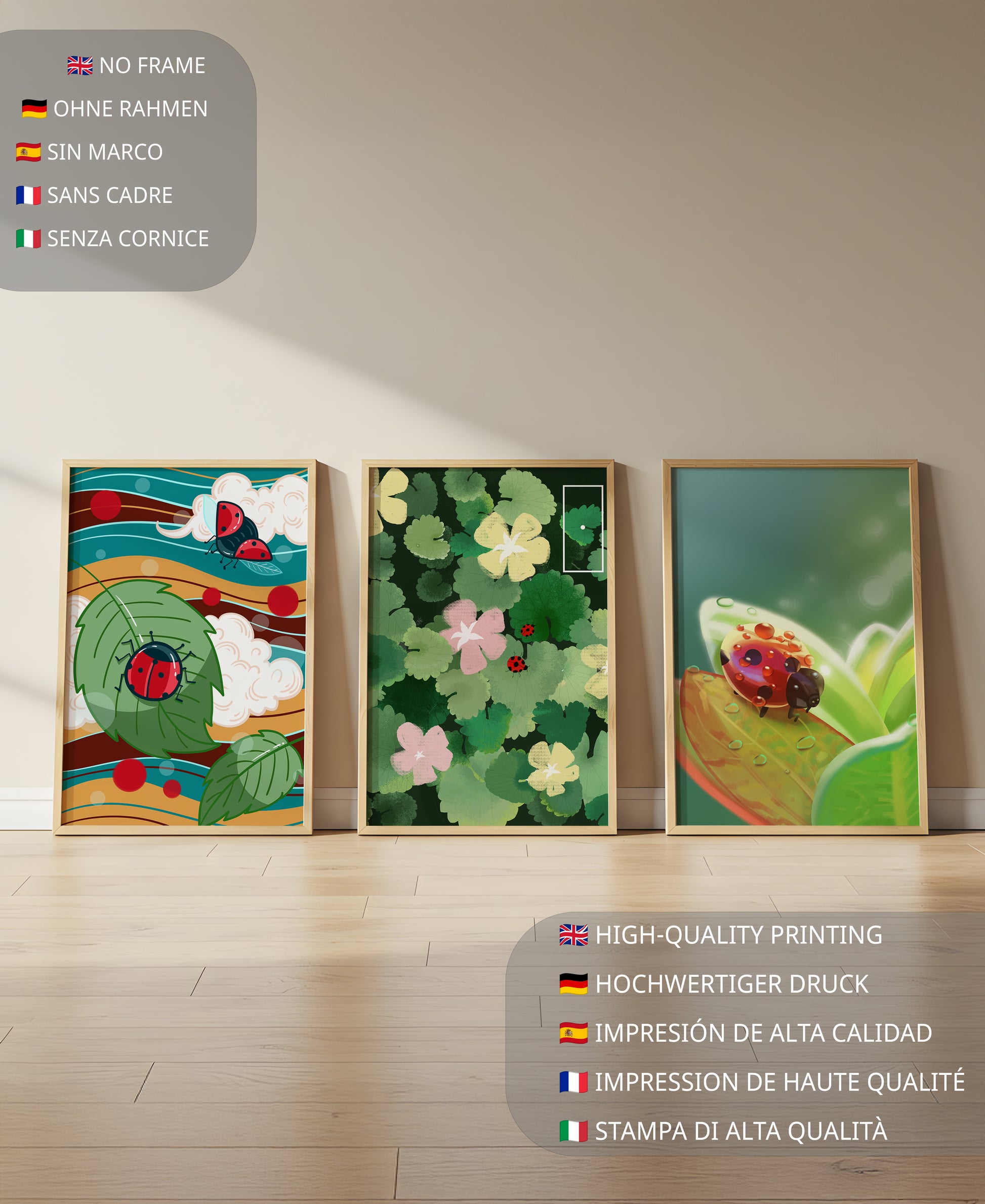 Tríptico De Mariquitas En Estilo Natural Moderno