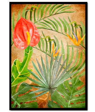 Colorful botanical illustration with tropical leaves on textured background