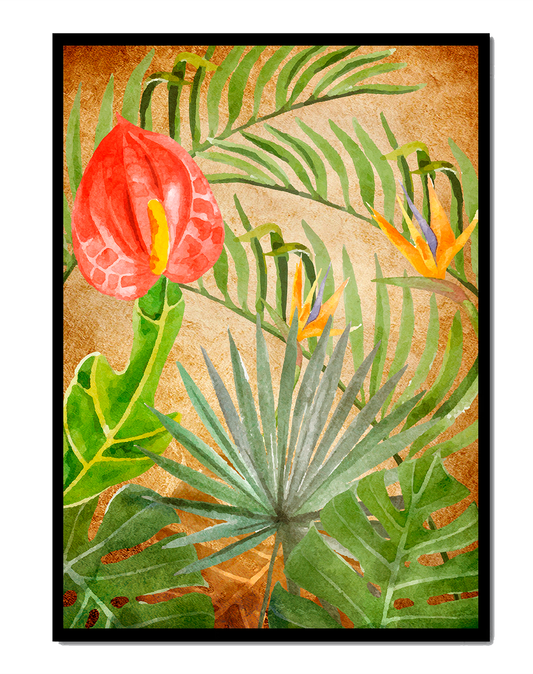 Colorful botanical illustration with tropical leaves on textured background